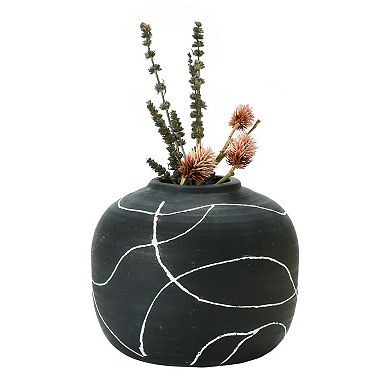 Storied Home Round Decorative Black and White Terra-cotta Vase with Hand-painted Intersecting Lines