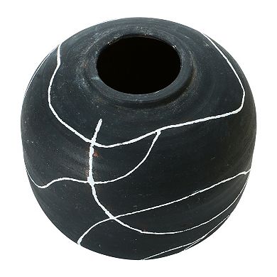 Storied Home Round Decorative Black and White Terra-cotta Vase with Hand-painted Intersecting Lines