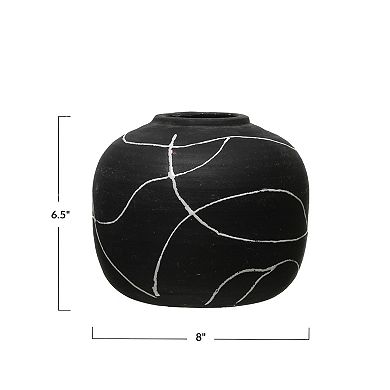Storied Home Round Decorative Black and White Terra-cotta Vase with Hand-painted Intersecting Lines