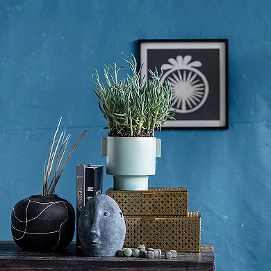 Storied Home Round Decorative Black and White Terra-cotta Vase with Hand-painted Intersecting Lines