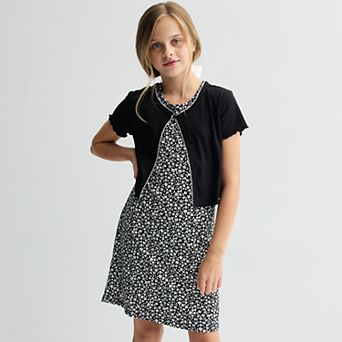 Girls 7-16 Knit Works 3 pc Hair Tie, Short Sleeve Cardigan, & Printed Dress Set