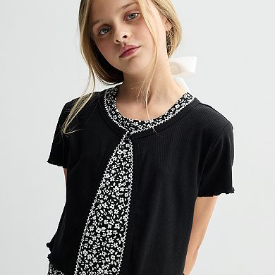 Girls 7-16 Knit Works 3-Piece Hair Tie, Short Sleeve Cardigan, & Printed Dress Set