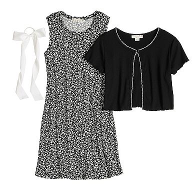 Girls 7-16 Knit Works 3-Piece Hair Tie, Short Sleeve Cardigan, & Printed Dress Set