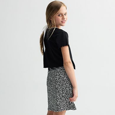 Girls 7-16 Knit Works 3-Piece Hair Tie, Short Sleeve Cardigan, & Printed Dress Set