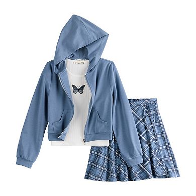 Girls 7-20 Knit Works 3-Piece Long Sleeve Hoodie, Short Sleeve Tee, & 3-Tier Skirt Set In Regular & Plus Size