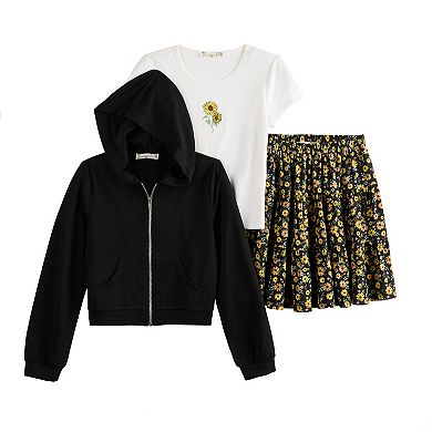 Girls 7-20 Knit Works 3-Piece Long Sleeve Hoodie, Short Sleeve Tee, & 3-Tier Skirt Set In Regular & Plus Size