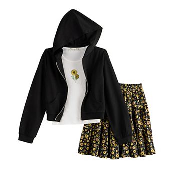 Girls 7-20 Knit Works 3 pc Long Sleeve Hoodie, Short Sleeve Tee, & 3 tier Skirt Set In Regular & Plus Size