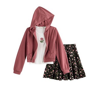 Girls 7-20 Knit Works 3 pc Long Sleeve Hoodie, Short Sleeve Tee, & 3 tier Skirt Set In Regular & Plus Size