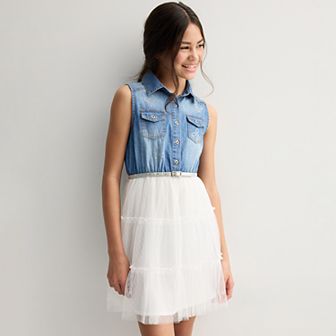 Girls 7-16 Knit Works Tiered Denim Dress with Detachable Belt in Regular & Plus Size