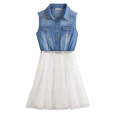 Girls 7-16 Knit Works Tiered Denim Dress with Detachable Belt in Regular & Plus Size