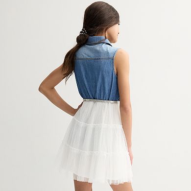 Girls 7-16 Knit Works Tiered Denim Dress with Detachable Belt in Regular & Plus Size
