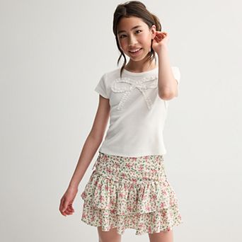 Girls 7-16 Knit Works 2 pc Bow Embroidered Top & Floral Skirt Set in Regular & Plus Size