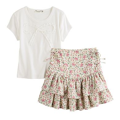 Girls 7-16 Knit Works 2-pc. Bow Embroidered Top & Floral Skirt Set in Regular & Plus Size