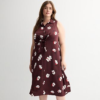 Plus Size Nine West Tie Front Midi Shirt Dress