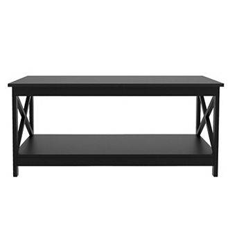 39.57 in Black Rectangle Wood Coffee Table with Shelf