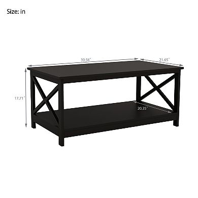39.57 in. Black Rectangle Wood Coffee Table with Shelf