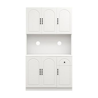 White Wood 39.76 in Pantry Cabinet with Microwave Oven Countertop