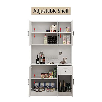 White Wood 39.76 in. Pantry Cabinet with Microwave Oven Countertop