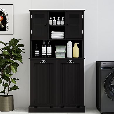 32.68 in. W. x 14.57 in. D x 59.69 in. H Black Freestanding Tilt-Out Linen Cabinet