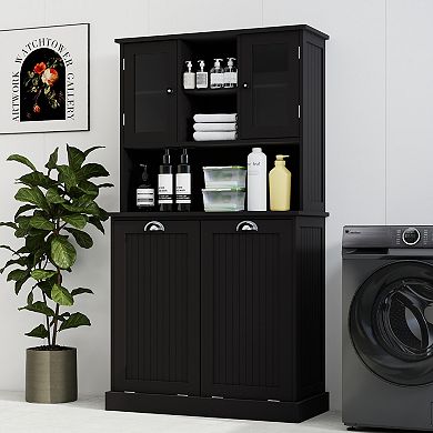 32.68 in. W. x 14.57 in. D x 59.69 in. H Black Freestanding Tilt-Out Linen Cabinet