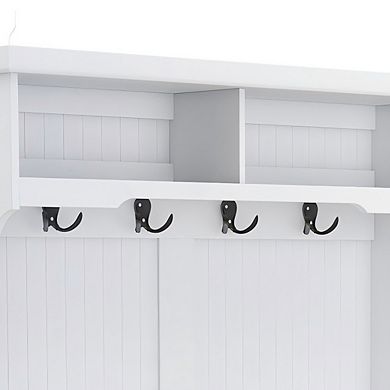 White Wood Hall Tree with Bench Shoe Cabinet