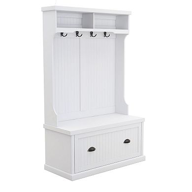 White Wood Hall Tree with Bench Shoe Cabinet