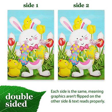 G128 12x18IN Happy Easter White Bunny with Easter Eggs Garden Flag Double Sided Easter Decoration