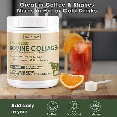 Hydrolyzed Bovine Collagen,15.9oz Types I & III, Zero Sugar Supplement for Healthy Bones & Joints
