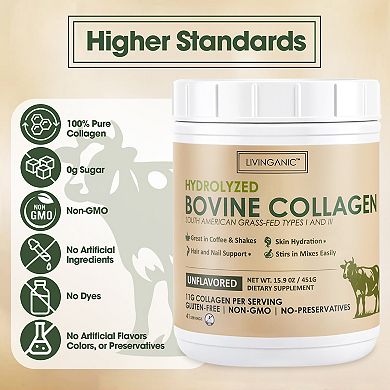 Hydrolyzed Bovine Collagen,15.9oz Types I & III, Zero Sugar Supplement for Healthy Bones & Joints