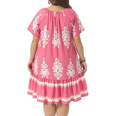 Plus Size Summer Boho Dresses for Women Short Sleeve Flared Midi Sun Dress Beach Casual Flowy