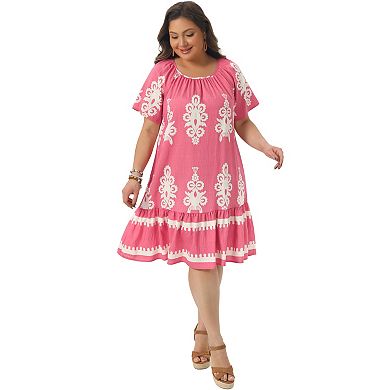 Plus Size Summer Boho Dresses for Women Short Sleeve Flared Midi Sun Dress Beach Casual Flowy