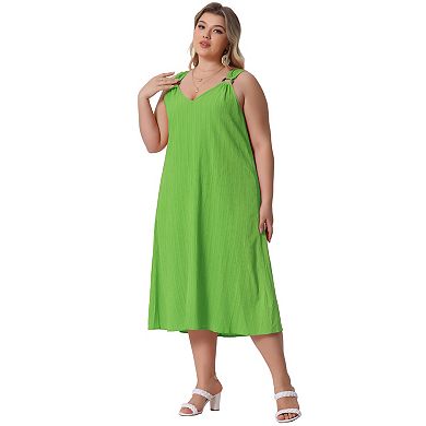 Women's Plus Size Elegant Texture V-Neck Sleeveless Pleated Back Midi Dress