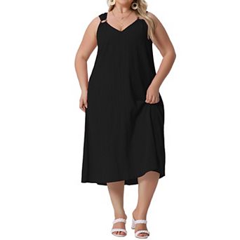 Women's Plus Size Elegant Texture V-Neck Sleeveless Pleated Back Midi Dress