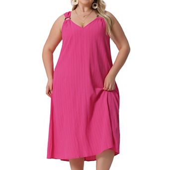 Women's Plus Size Elegant Texture V-Neck Sleeveless Pleated Back Midi Dress