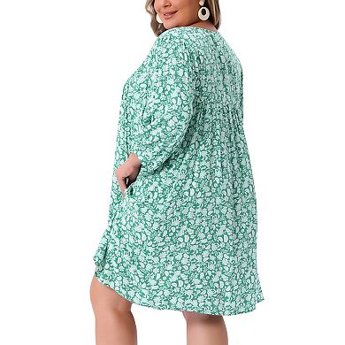 Plus Size Summer Dress for Women Drawstring V Neck Babydoll Midi Flowy Dresses Sundress