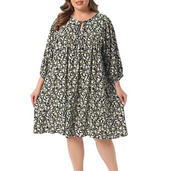 Plus Size Summer Dress for Women Drawstring V Neck Babydoll Midi Flowy Dresses Sundress