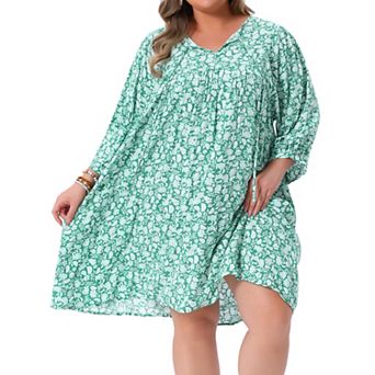 Plus Size Summer Dress for Women Drawstring V Neck Babydoll Midi Flowy Dresses Sundress