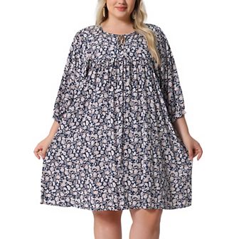 Plus Size Summer Dress for Women Drawstring V Neck Babydoll Midi Flowy Dresses Sundress