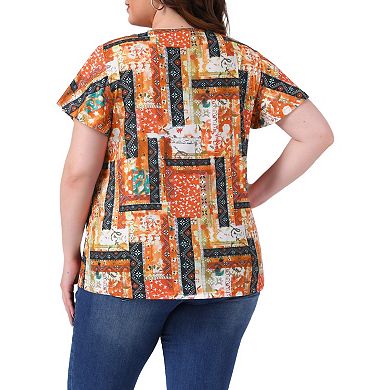 Plus Size Women's V Neck Ruffle Short Sleeve Tops Boho Floral Summer t Shirt Tee Tops Blouse Casual