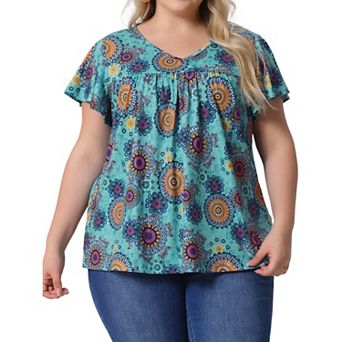 Plus Size Women's V Neck Ruffle Short Sleeve Tops Boho Floral Summer t Shirt Tee Tops Blouse Casual