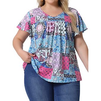 Plus Size Women's V Neck Ruffle Short Sleeve Tops Boho Floral Summer t Shirt Tee Tops Blouse Casual