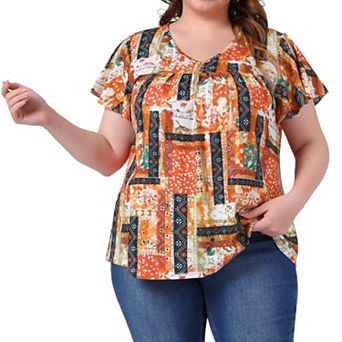 Plus Size Women's V Neck Ruffle Short Sleeve Tops Boho Floral Summer t Shirt Tee Tops Blouse Casual