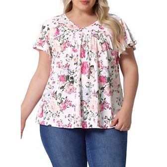 Plus Size Women's V Neck Ruffle Short Sleeve Tops Boho Floral Summer t Shirt Tee Tops Blouse Casual