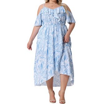 Women's Plus Size Cold Shoulder Short Sleeve Asymmetrical Ruffle Maxi Dresses with Side Pockets