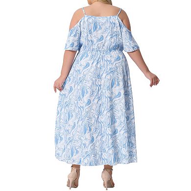 Women's Plus Size Cold Shoulder Short Sleeve Asymmetrical Ruffle Maxi Dresses with Side Pockets