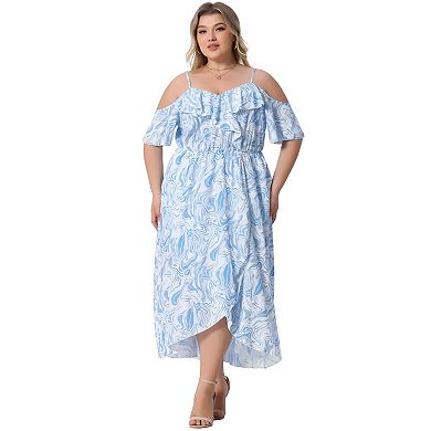Women's Plus Size Cold Shoulder Short Sleeve Asymmetrical Ruffle Maxi Dresses with Side Pockets