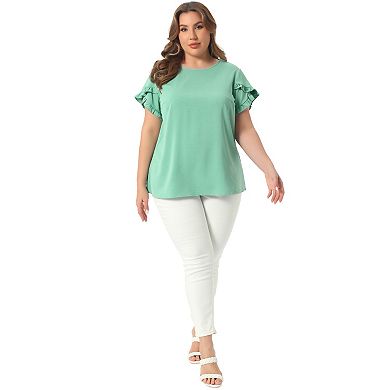 Plus Size Tops for Women Crewneck Ruffle Short Sleeve Shirts Casual Loose Blouses