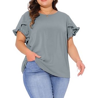 Plus Size Tops for Women Crewneck Ruffle Short Sleeve Shirts Casual Loose Blouses
