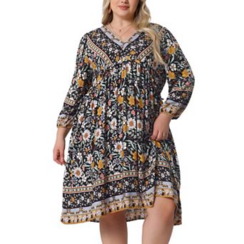 Plus Size Summer Dress for Women Casual Boho Floral V Neck 3/4 Sleeve Mini Short Beach Dress
