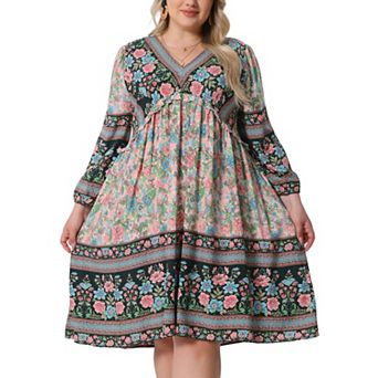 Plus Size Summer Dress for Women Casual Boho Floral V Neck 3/4 Sleeve Mini Short Beach Dress